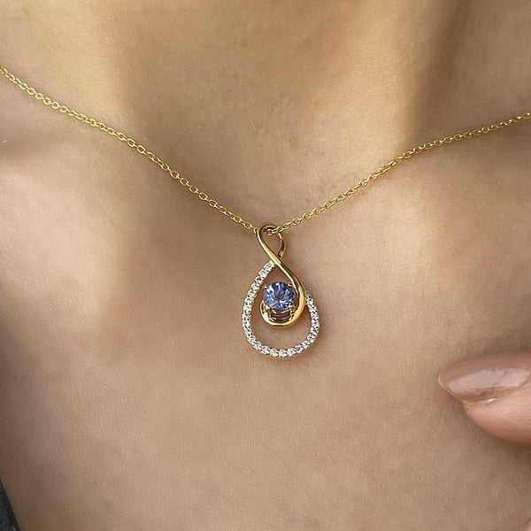 Tanzanite and Diamond Teardrop Pendant Necklace for Women, 14K Yellow Gold, with