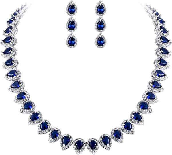 Women'S Silver-Tone Full Prong Cubic Zirconia Teardrop Bridal Necklace Earrings