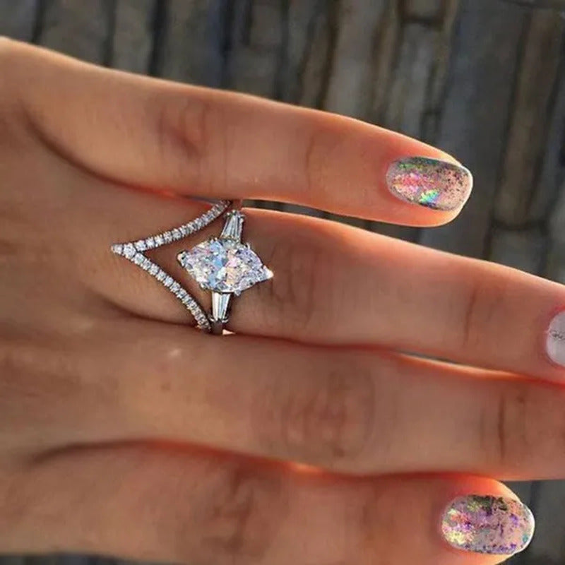 Unique Art Deco Marquise Cut Diamond Simulant Bridal Wedding Engagement Ring Set