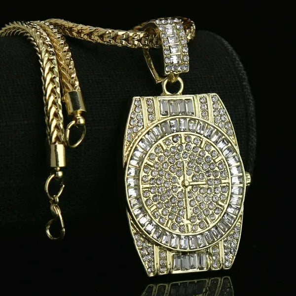 14K Gold PT Watch Fully Diamond Lad Cut Pendant Hip Hop Style 4Mm 24" Franco Cha