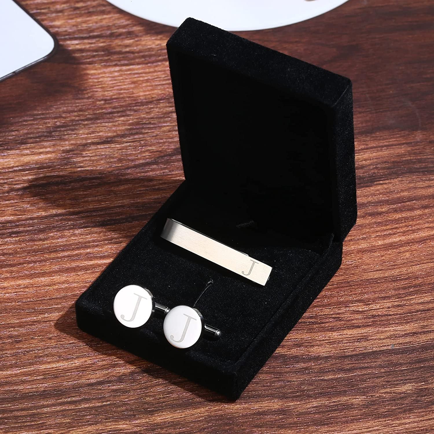 Stainless Steel Engraved Initial Cufflinks and Tie Clip Bar Set Alphabet Letter