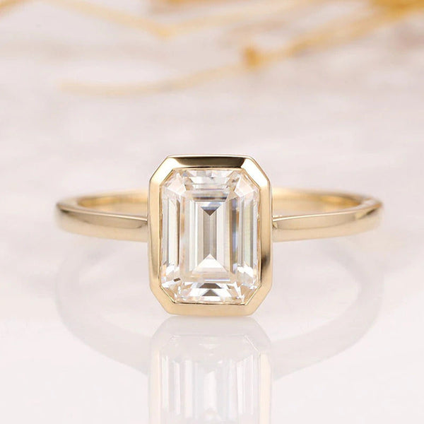 Solid 14K 585 Yellow Emerald Cut 2Ct 6*8MM Moissanite Engagement Ring for Women