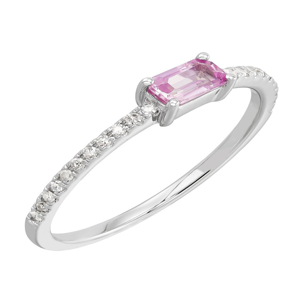 Women'S Welry Natural Emerald-Cut Pink Sapphire Ring with 1/10 Ct Diamonds in 14