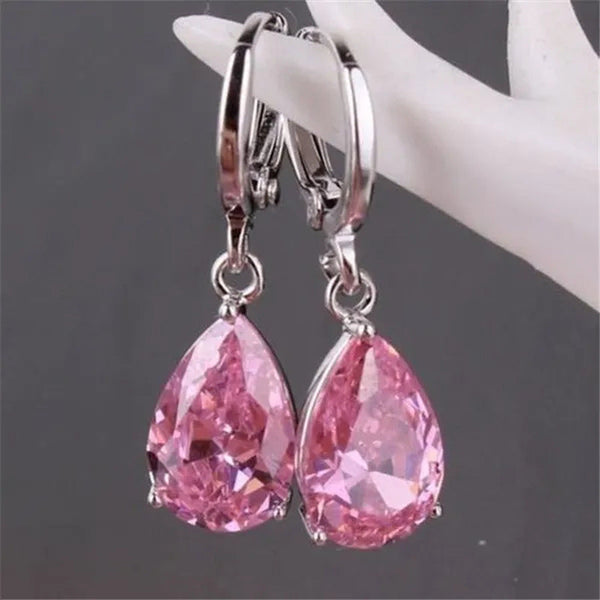 Women Silver Pink Sapphire Diamond Stud Earrings Water Drop Pendant Earrings Bri