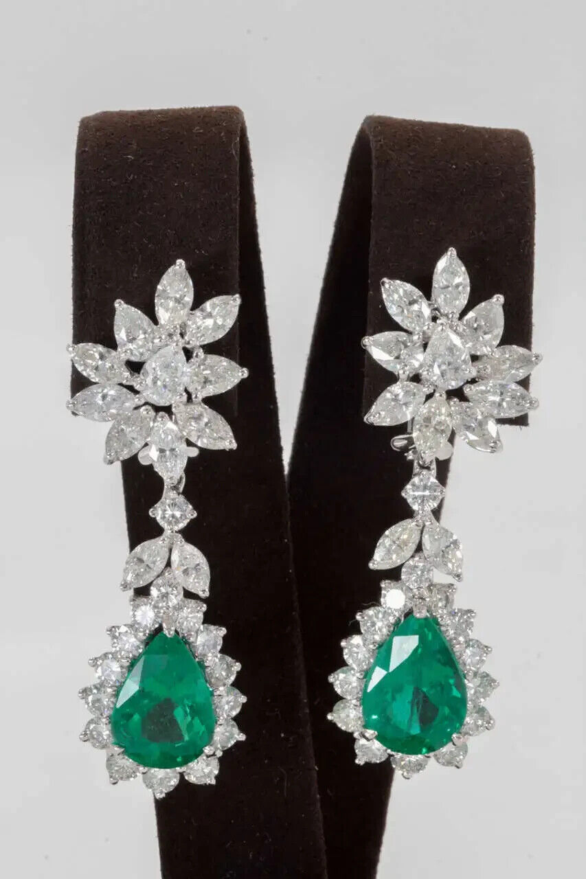 Elegant Green Emerald Diamond Platinum Cluster Drop Earrings