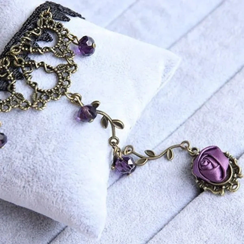 Victorian Style Black Lace Floral Rose Flower Link Chain Slave Bracelet Ring Set