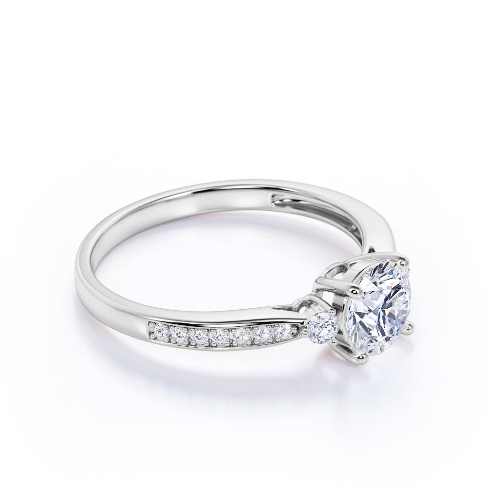 Three Stone 1.25 Carat round Brilliant Moissanite and Diamond Engagement Ring in
