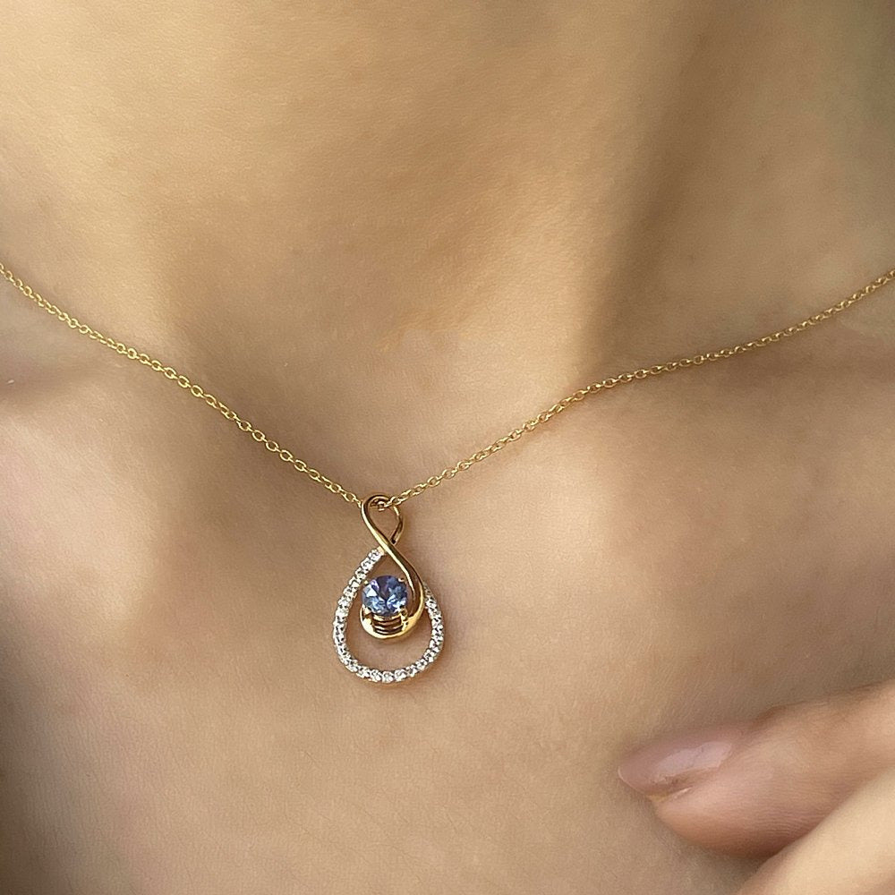 Tanzanite and Diamond Teardrop Pendant Necklace for Women, 14K Yellow Gold, with