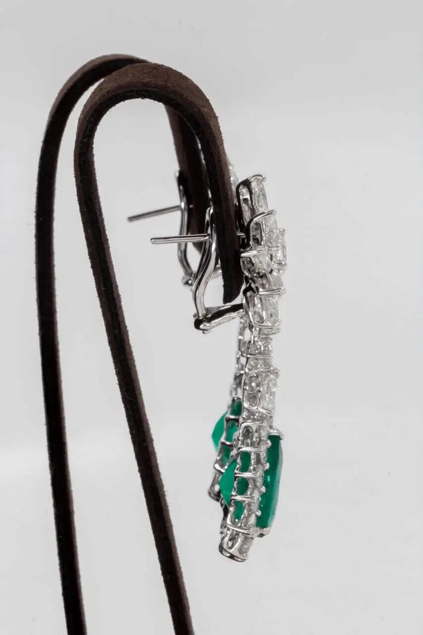 Elegant Green Emerald Diamond Platinum Cluster Drop Earrings