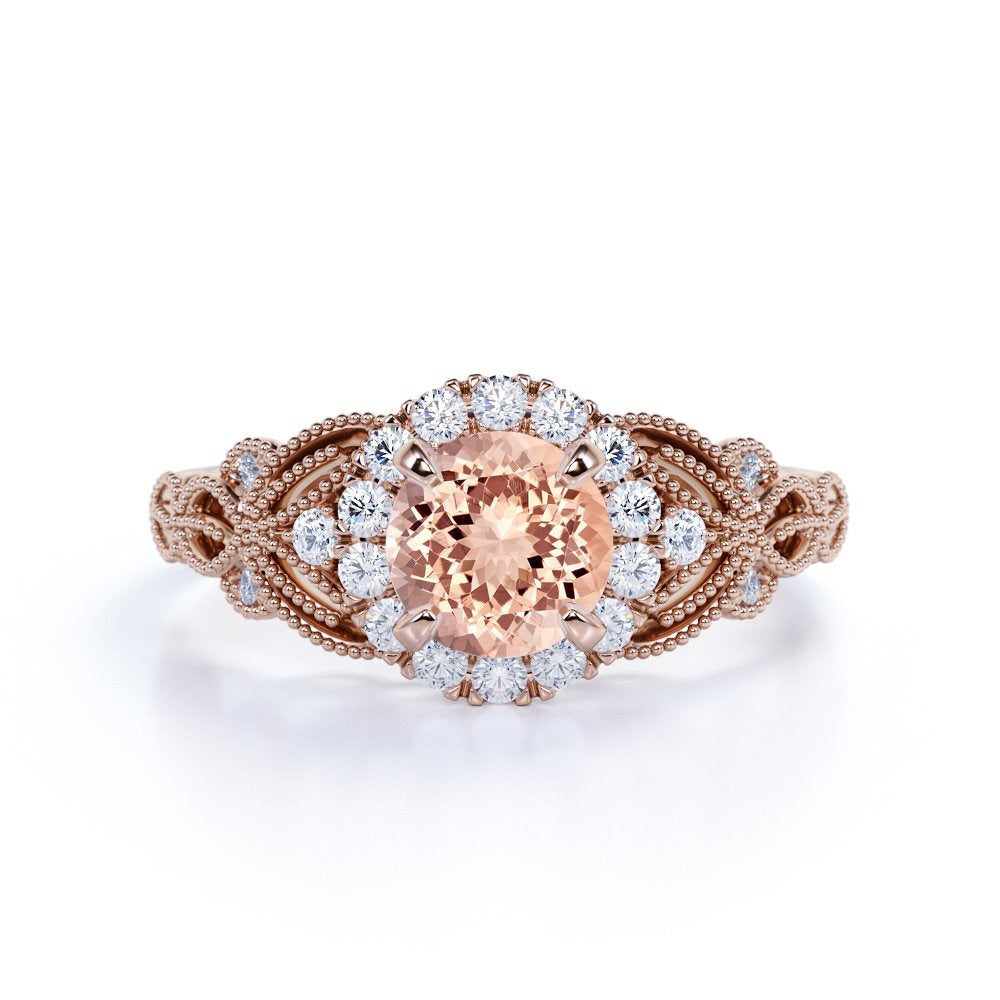 1.25 Carat Peach Pink Created Morganite (Round Shaped Created Morganite) and Dia