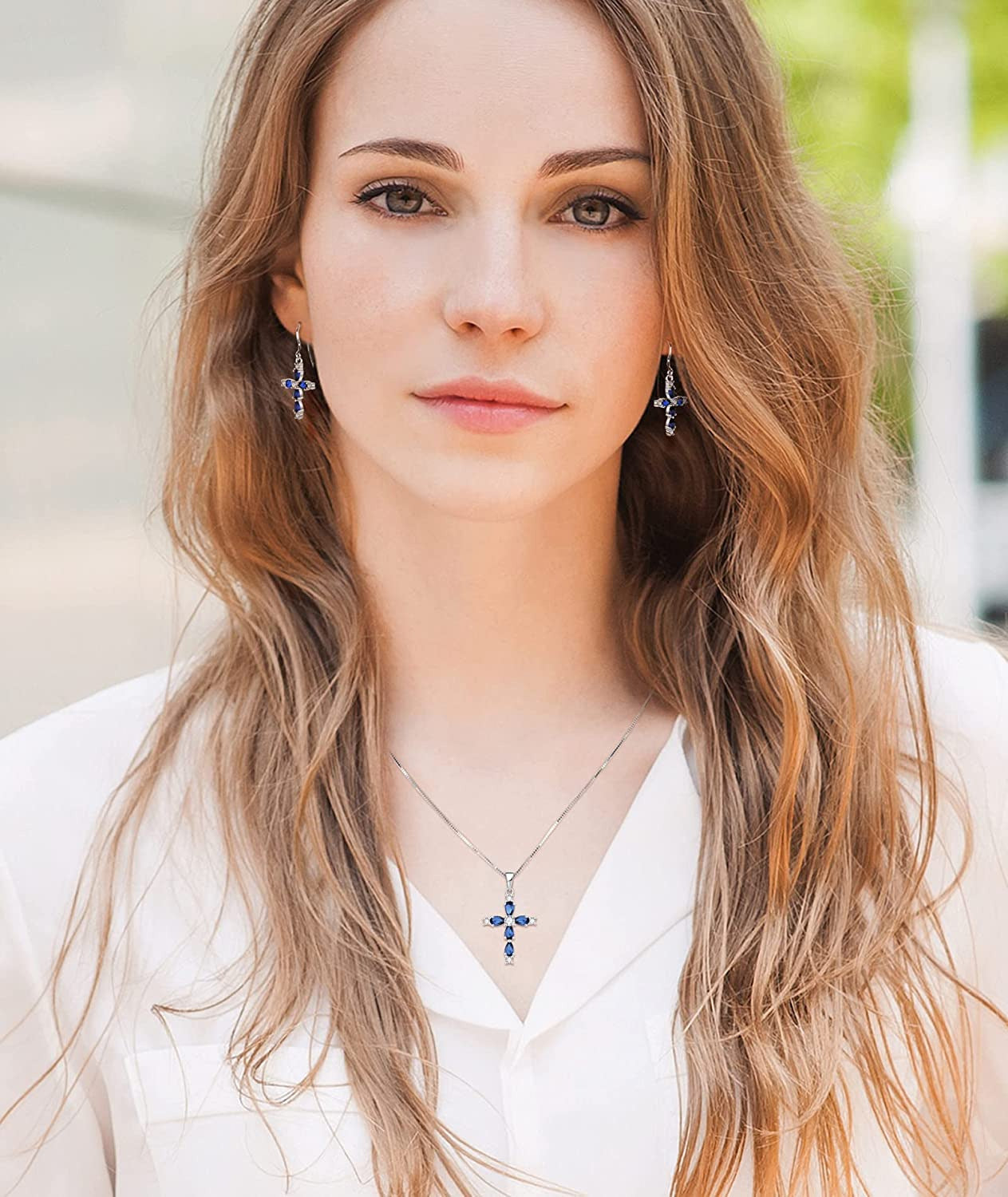 YL Gemstone Cross Necklace 925 Sterling Silver Created Sapphire/Ruby/Emerald/Ame