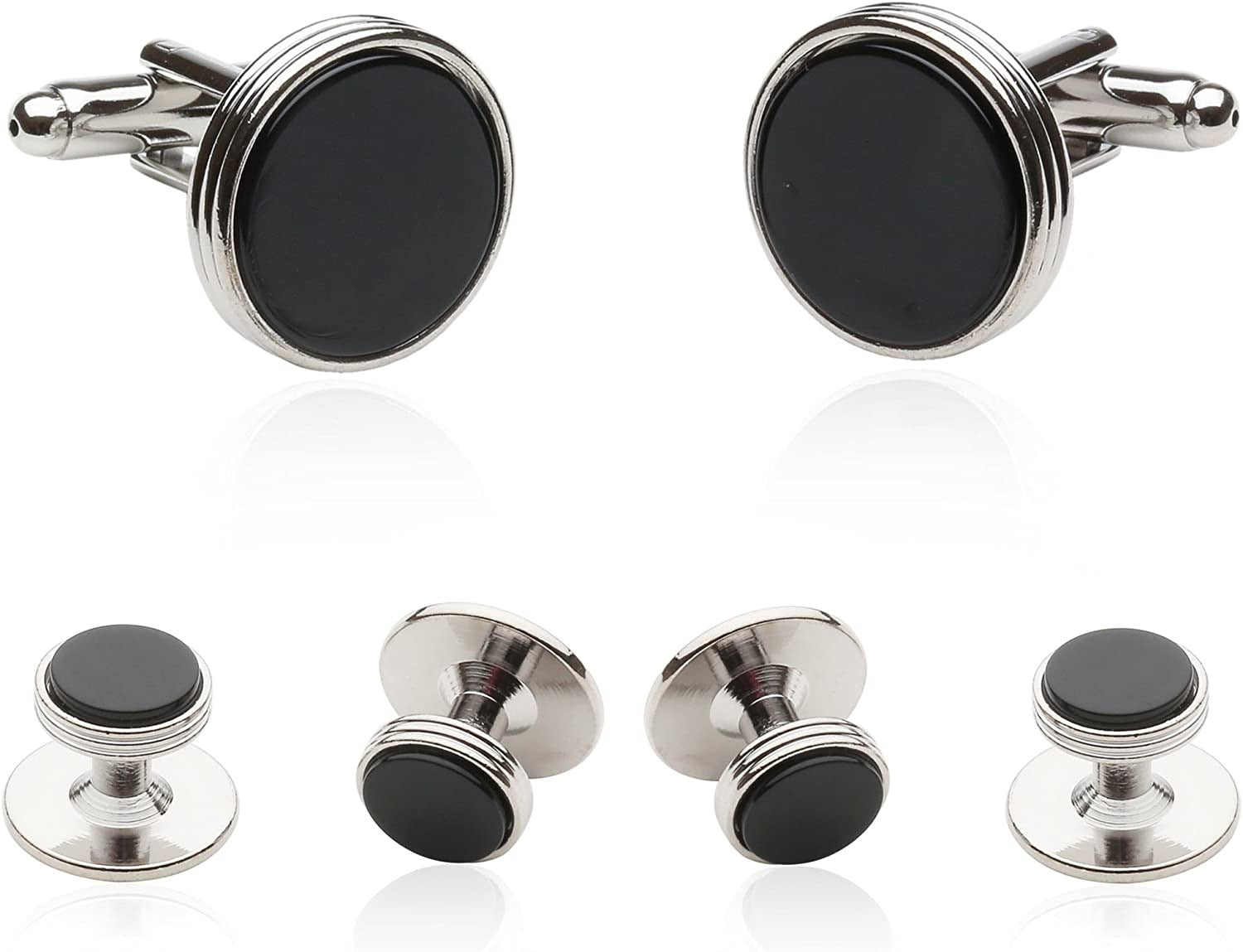 Mens Tuxedo Cufflinks and Studs Formal Set in Black Onyx and Silver with Travel