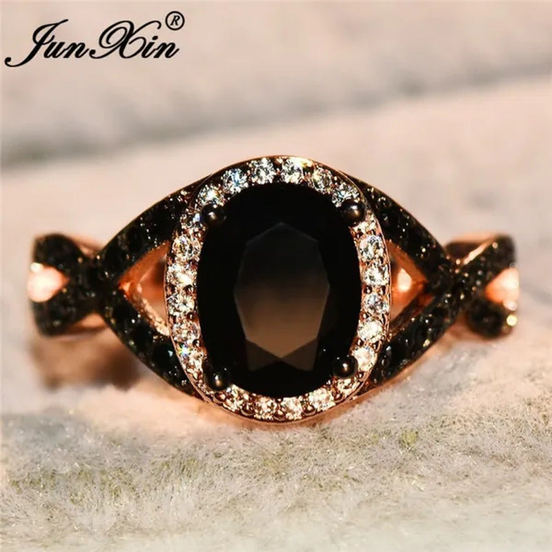 Exquisite Rose Gold Plated Large Oval Stone X Ring Women Filled Black Zircon Cry