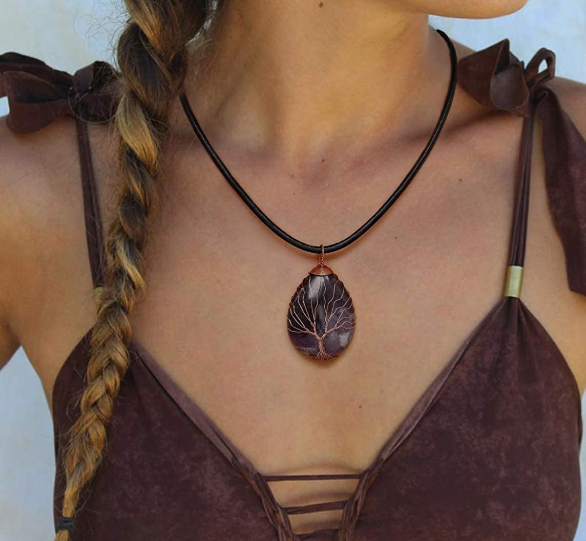 Tree of Life Teardrop Heart Amethyst Opal Pendant Necklace Copper Wire Wrapped G