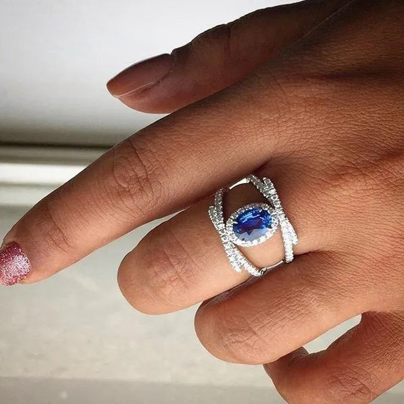 Dazzling Bridal Wedding Jewelry Luxury Blue Sapphire Ring Anniversary Gift Party
