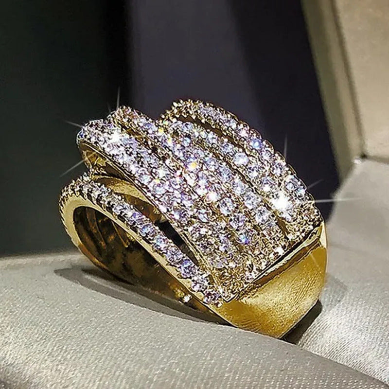 Multi-Layer Design 18K Gold Micro Pave Diamond Bridal Wedding Rings for Women En