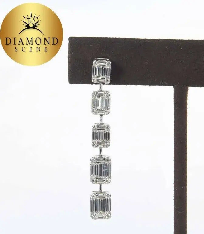 Amazing Emerald Cut Illusion Diamond White Gold Drop Earrings
