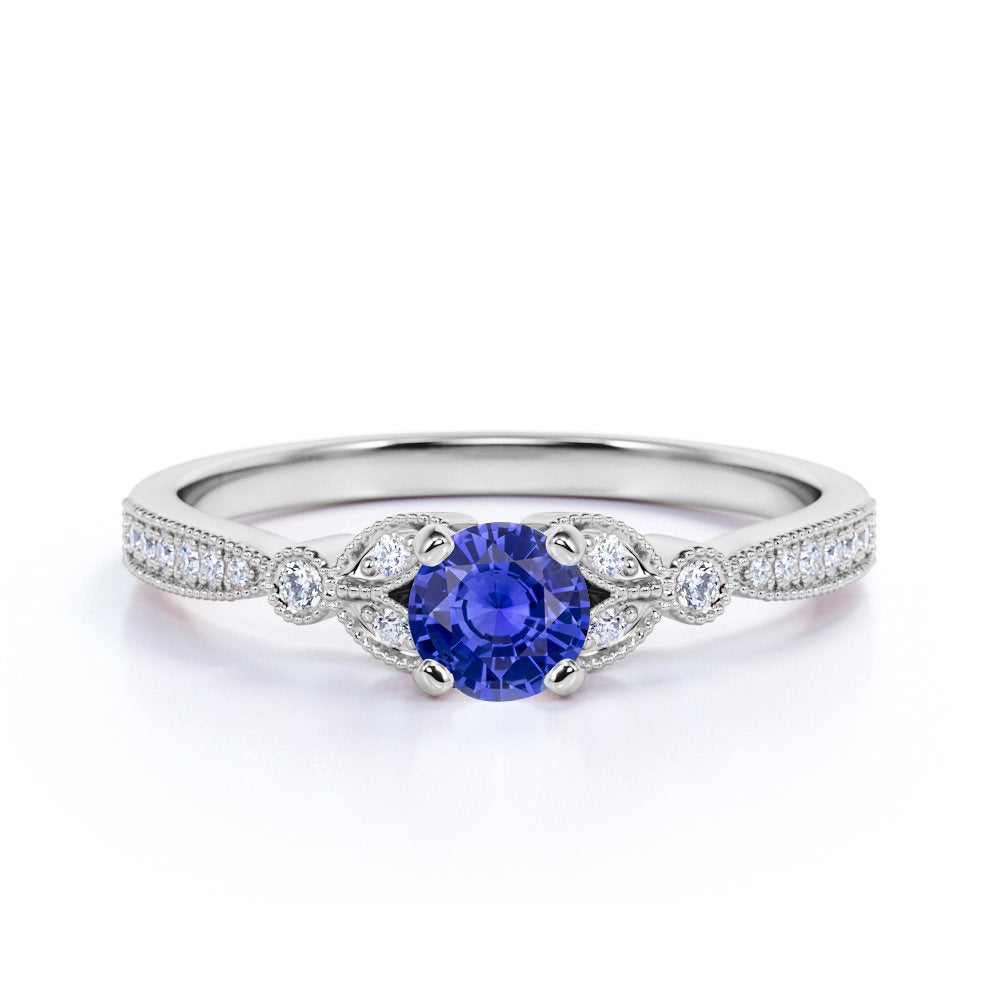 1.25 Ct - round Natural Blue Sapphire Ring - September Birthstone - Vintage Enga