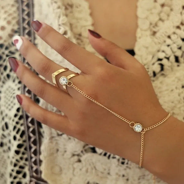 Vintage Gold Big Crystal Ring Bracelet Wrist Chain Jewelry Fashion Hand Back Ban