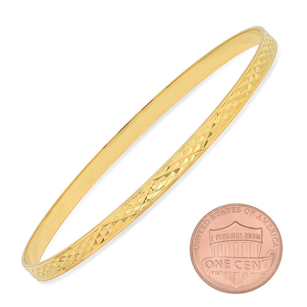 4Mm Gold Plated Diamond-Cut Pattern Bangle Bracelet, Circumference: 8.25" (Large