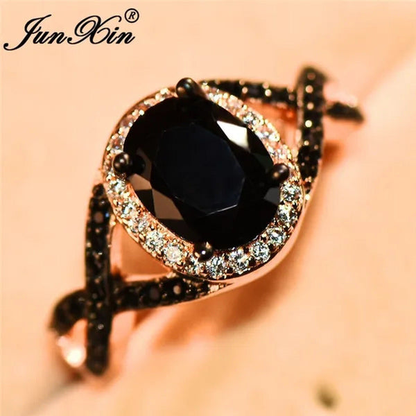 Exquisite Rose Gold Plated Large Oval Stone X Ring Women Filled Black Zircon Cry