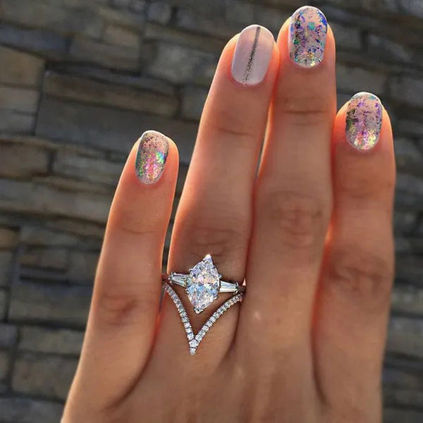 Unique Art Deco Marquise Cut Diamond Simulant Bridal Wedding Engagement Ring Set