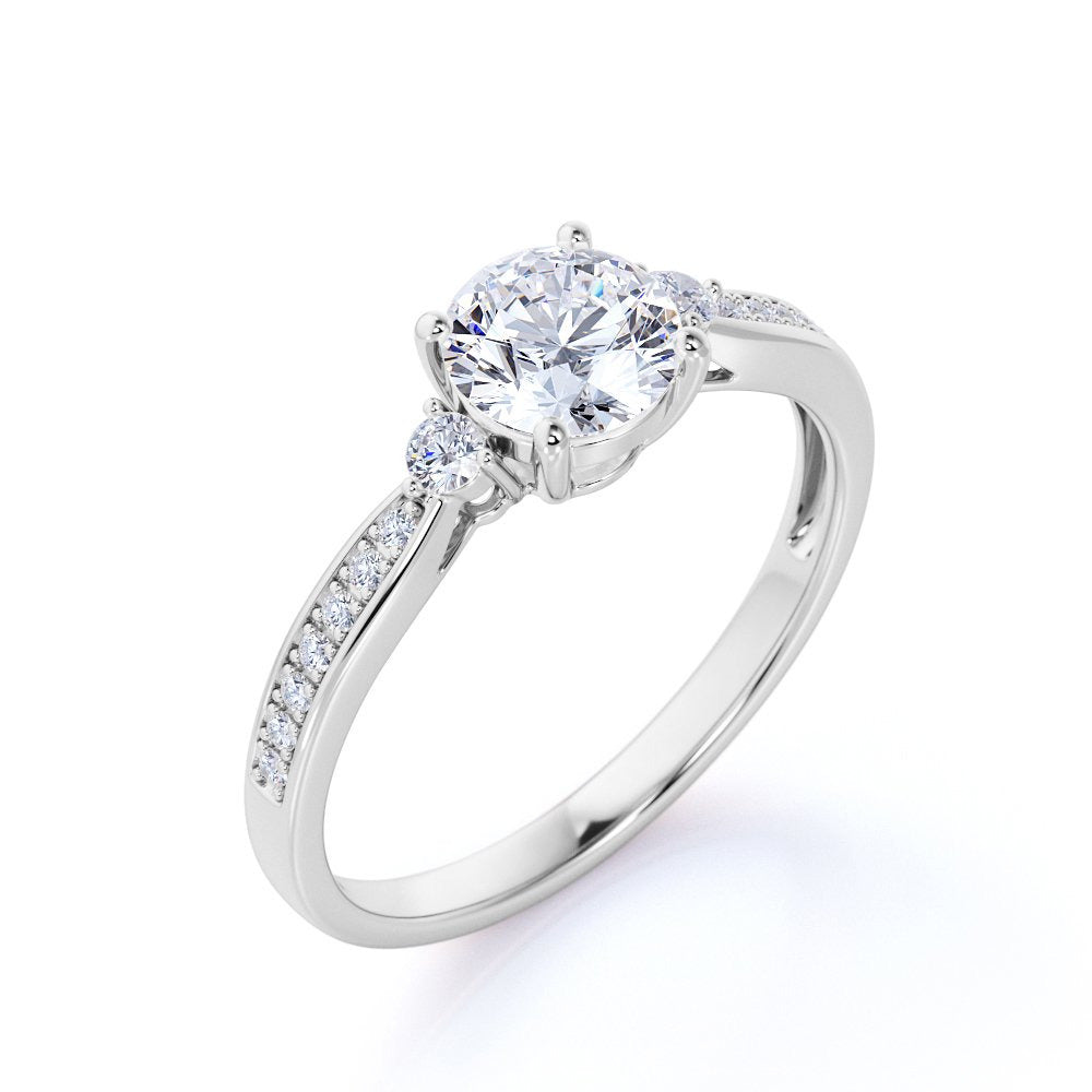 Three Stone 1.25 Carat round Brilliant Moissanite and Diamond Engagement Ring in