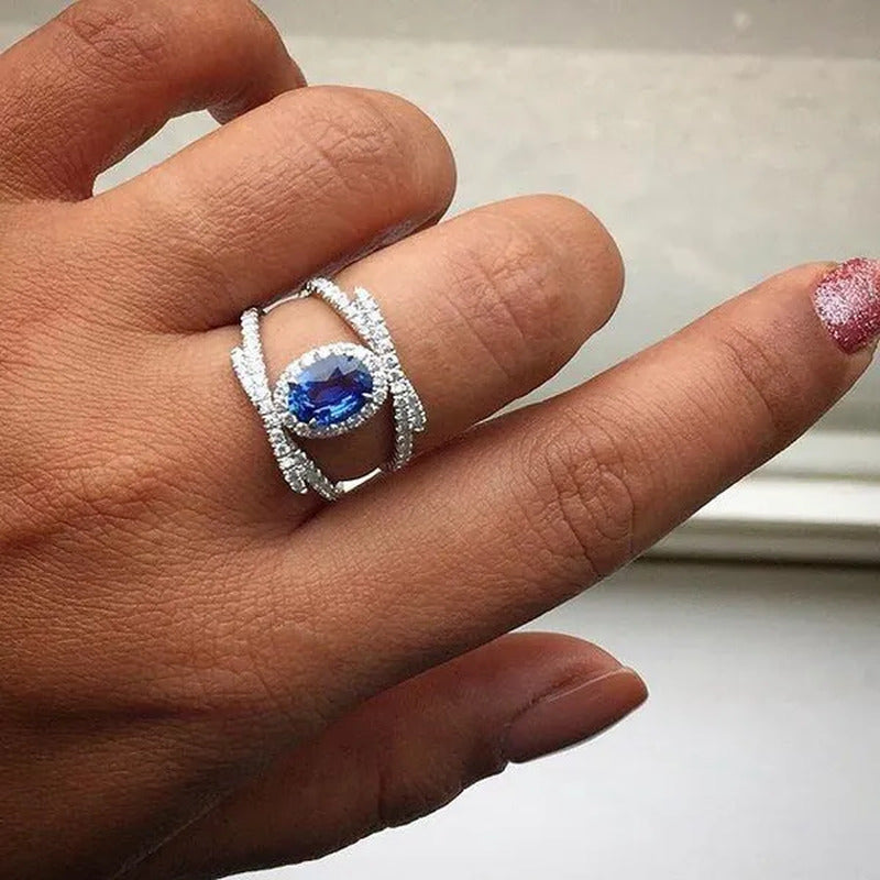 Dazzling Bridal Wedding Jewelry Luxury Blue Sapphire Ring Anniversary Gift Party