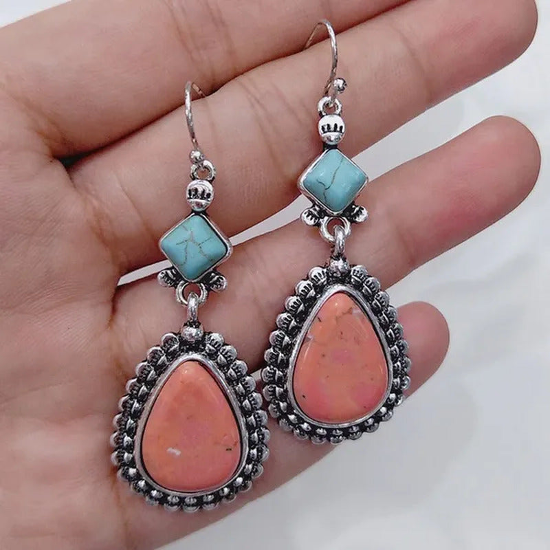 Vintage 925 Sterling Silver Natural Gemstone Pink Turquoise Earrings Woman Fashi