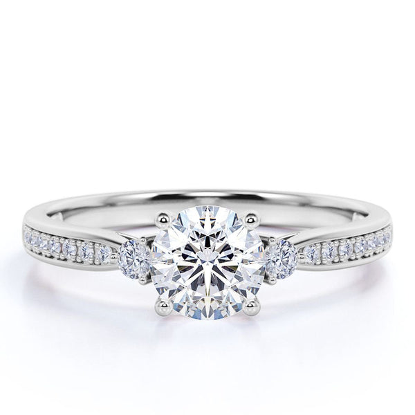 Three Stone 1.25 Carat round Brilliant Moissanite and Diamond Engagement Ring in