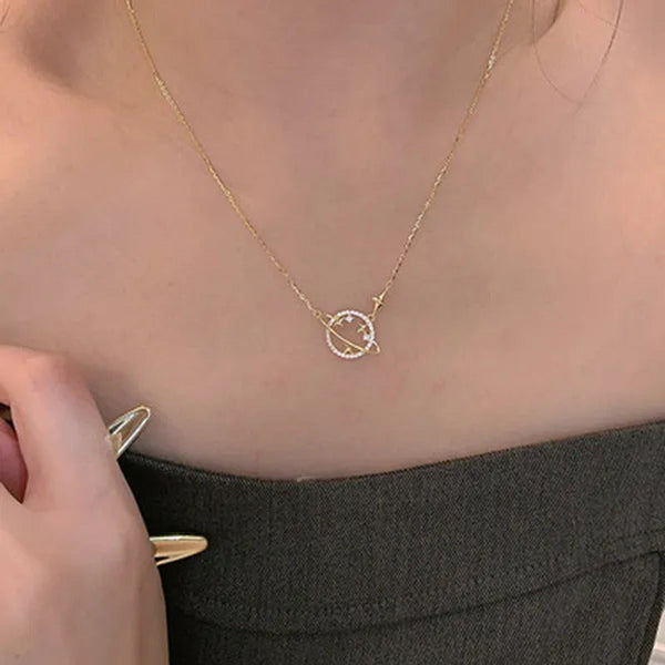 Women Fashion Diamond Hollow Planet Zircon Necklace Clavicle Chain