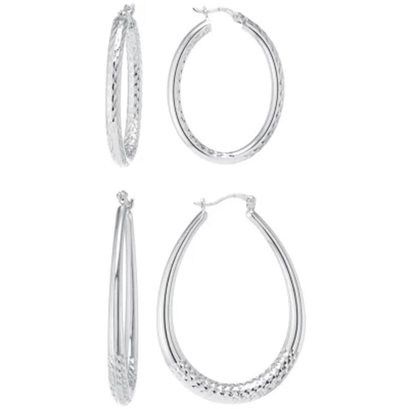 Sterling Diamond Cut 29Mm and 42Mm Oval Hoop Set
