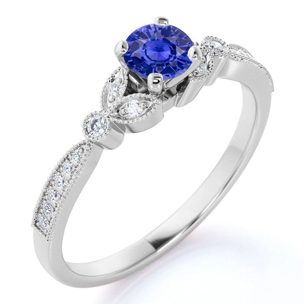 1.25 Ct - round Natural Blue Sapphire Ring - September Birthstone - Vintage Enga