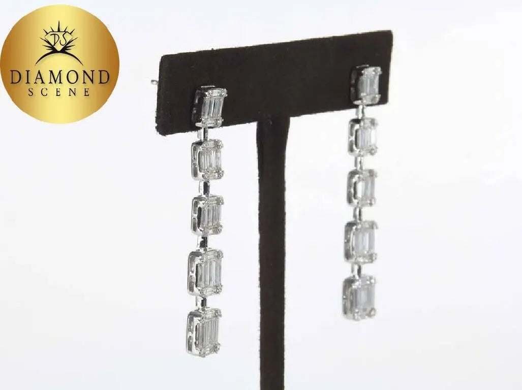 Amazing Emerald Cut Illusion Diamond White Gold Drop Earrings