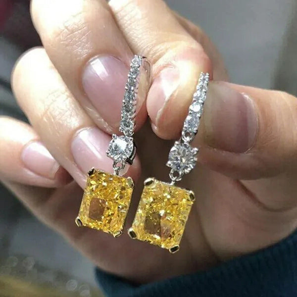 Fashion Bridal Wedding Earrings 925 Silver Hook Yellow Topaz Drop Earrings for W