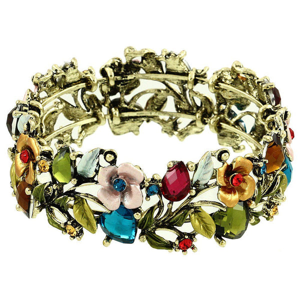 Vintage Flower Bracelet Bangle Crystal Beads Hand-Painted Antique Gold - Multi