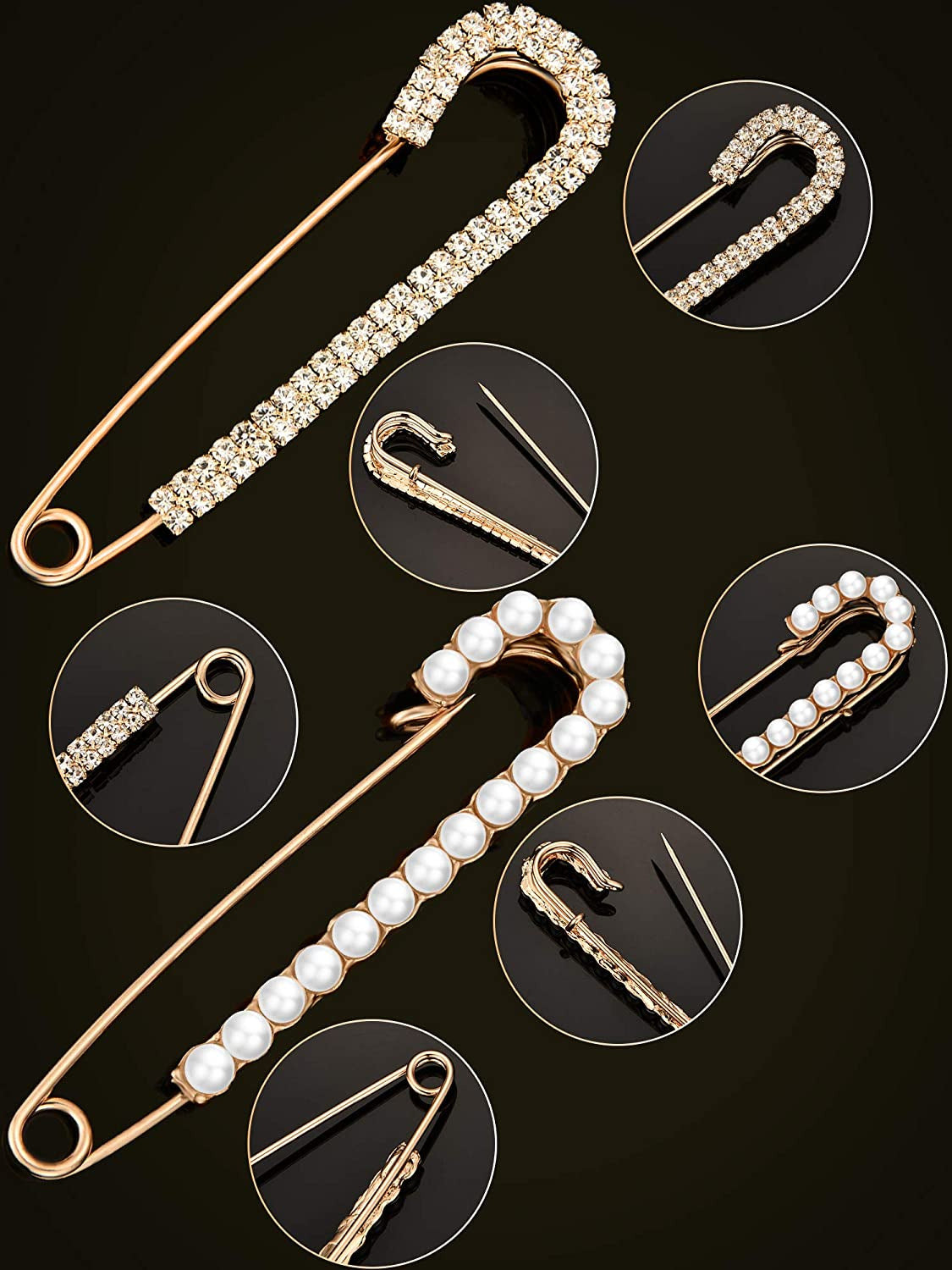 Women Brooch Pins Sweater Shawl Clips Faux Crystal and Pearl Brooches, Safety Pi
