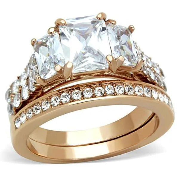 Women'S Stainless Steel 316 Rose Gold Emerald Cut Zirconia Wedding Ring Set Size