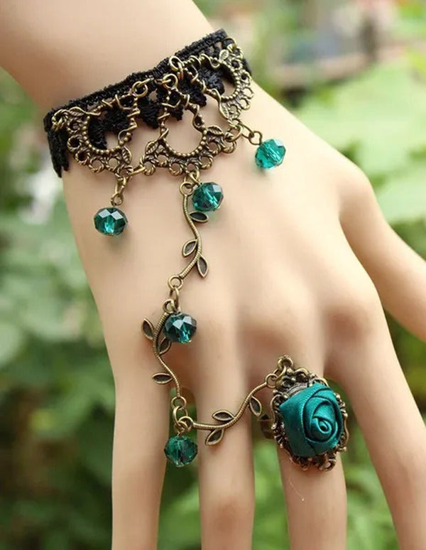 Victorian Style Black Lace Floral Rose Flower Link Chain Slave Bracelet Ring Set