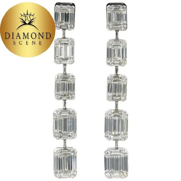 Amazing Emerald Cut Illusion Diamond White Gold Drop Earrings