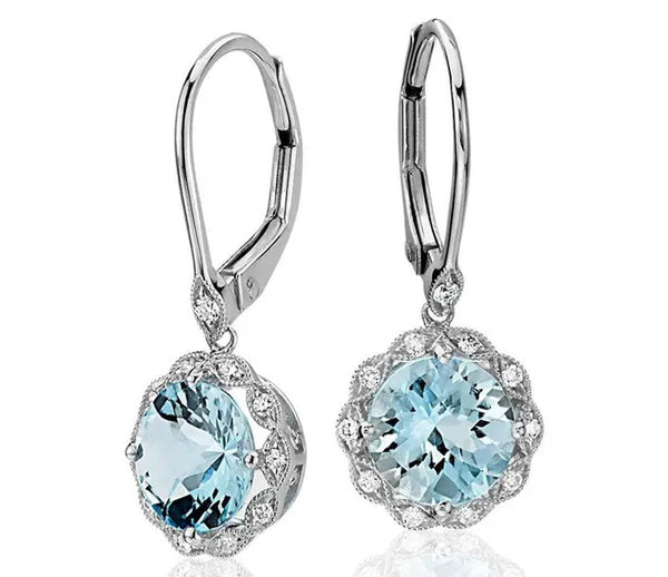 Women Fashion Sterling Silver Earrings Jewelry Natural Gemstone Aquamarine Dangl