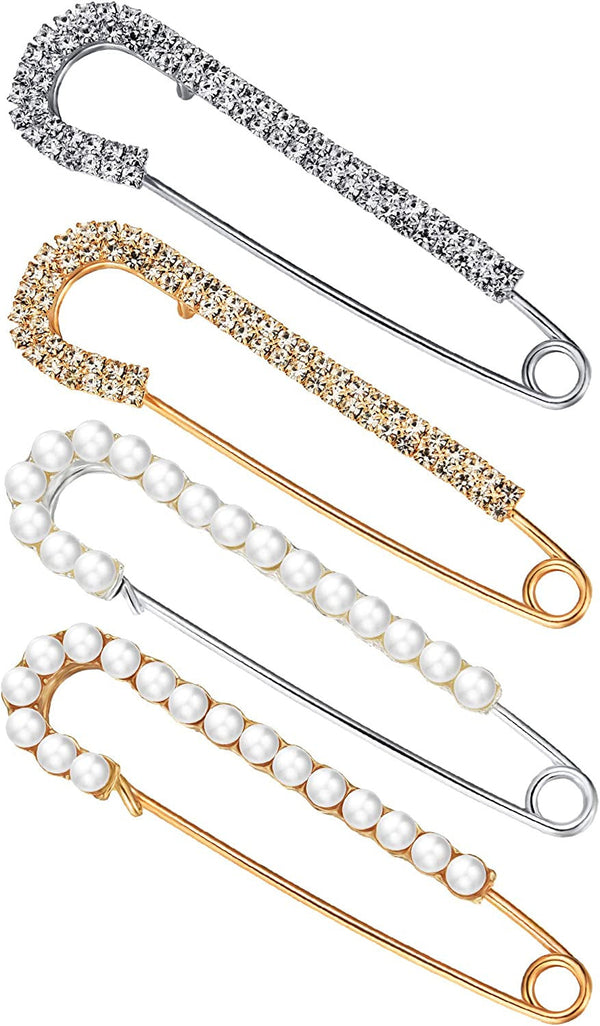 Women Brooch Pins Sweater Shawl Clips Faux Crystal and Pearl Brooches, Safety Pi