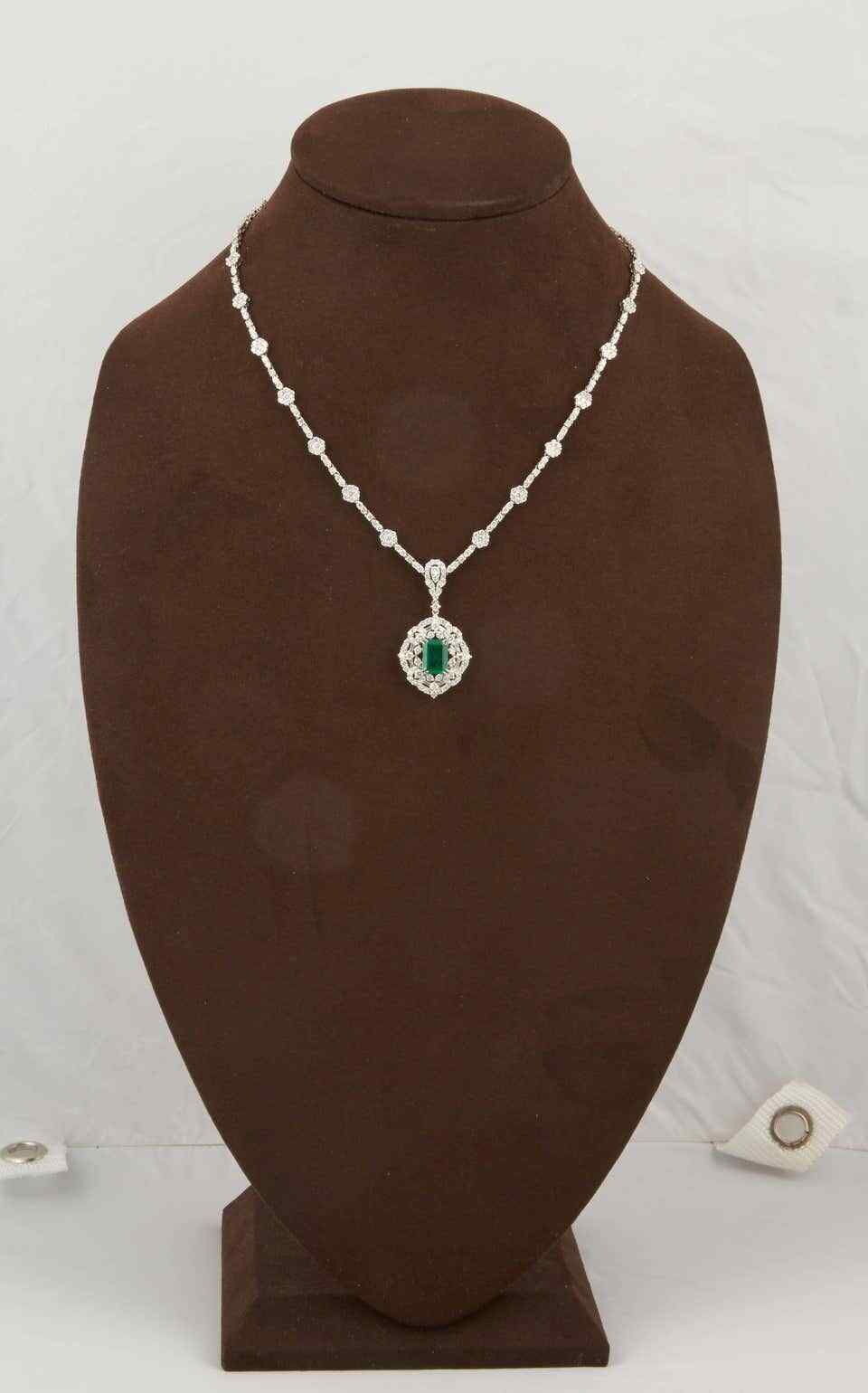 Green Emerald Diamond White Gold Pendant Necklace