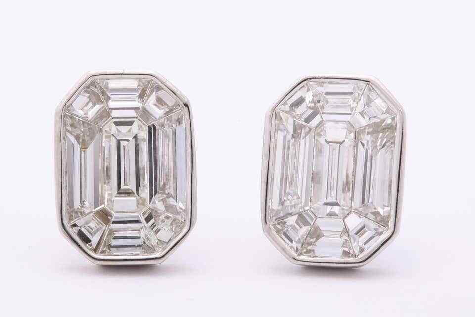 Emerald Cut Diamond Studs Illusion Set