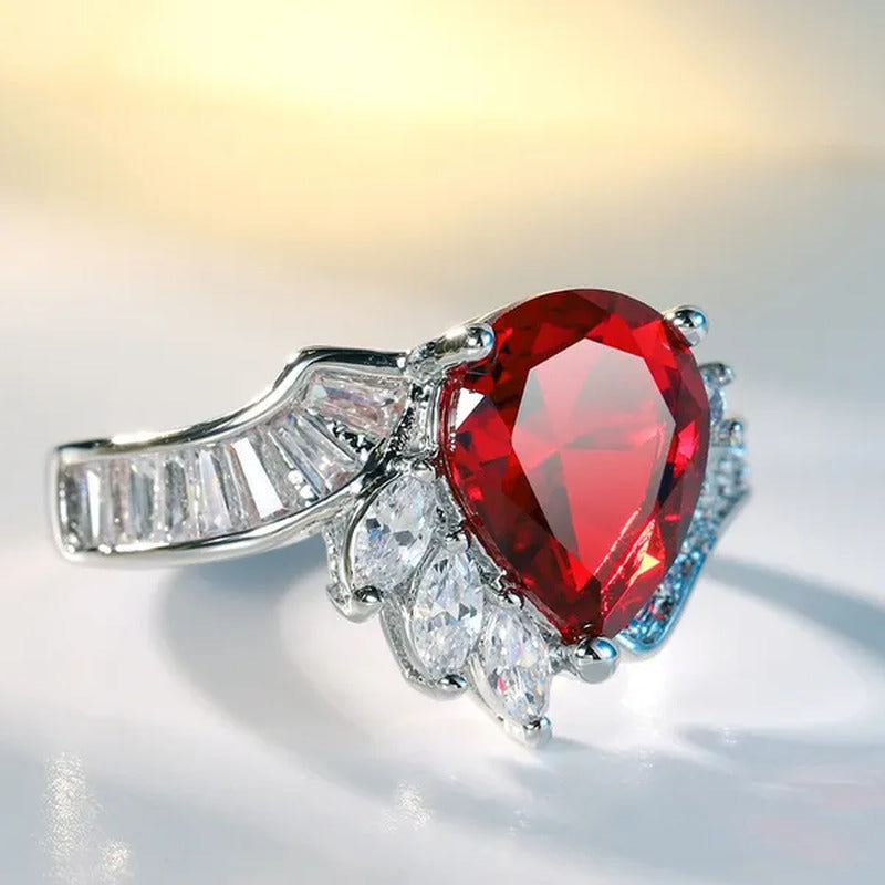 New 925 Sterling Silver Fashion Natural Ruby Angel Teardrop Diamond Ring Engagem