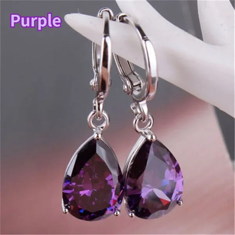 Women Silver Pink Sapphire Diamond Stud Earrings Water Drop Pendant Earrings Bri