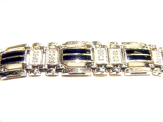 .97 CT DIAMOND ROUND BR SHAPE MENS BRACELET PRONG SET ONYX WHITE GOLD LINK 14 K