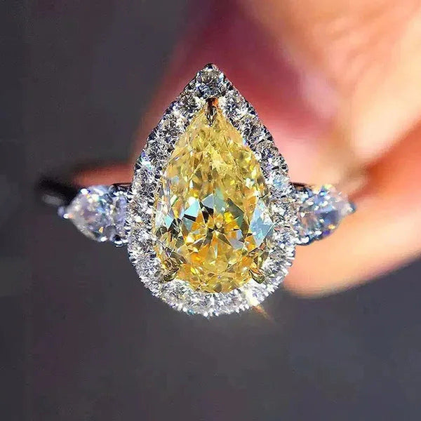 Women Fashion Silver Plated Teardrop Citrine Lab Diamond Wedding Engagement Ring