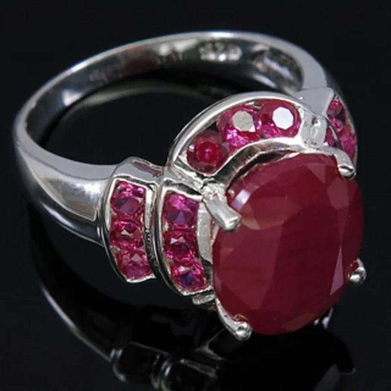 Women Ruby Oval Cut Gemstones 925 Silver Engagement Ring Size 6-10