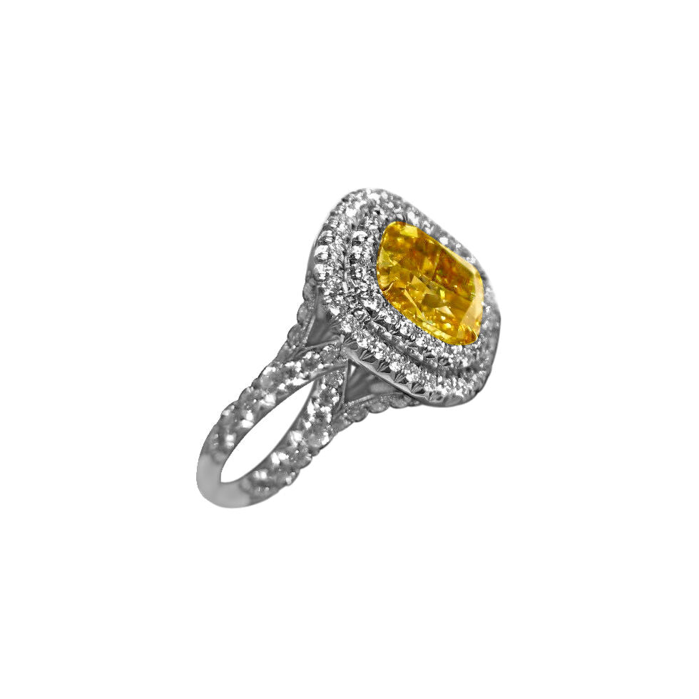 GIA FANCY VIVID YELLOW CUSHION SHAPE DIAMOND SET WHITE ROUND ENGAGEMENT RING